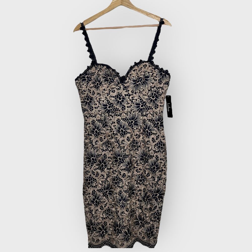 Lulus Aliyah Lace Bodycon Dress Medium Nude Navy Sleeveless Vintage Glam Resort
